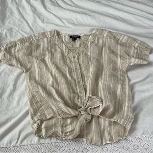 Ellen Tracy LARGE Beige Stripe 100% Linen Short Sleeve Top front knot tan